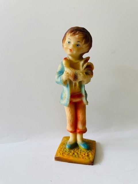 Vintage beeldje Jongetje / meisje met kip / haan. Pasteltint, Verzamelen, Ophalen, Zo goed als nieuw, Mens