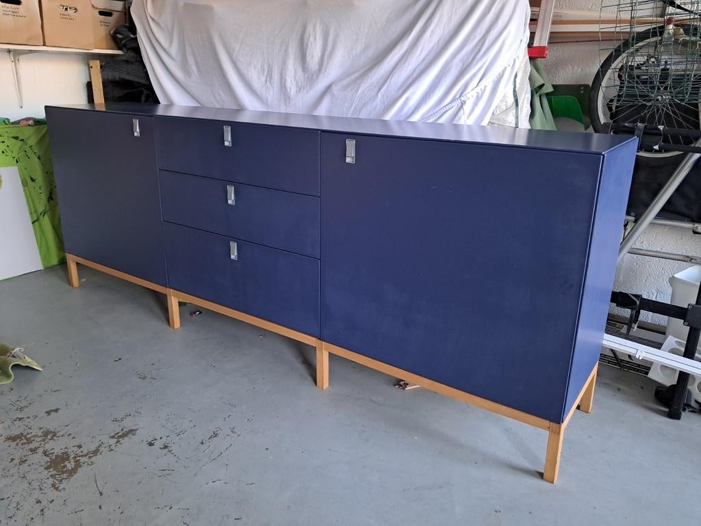 Dressoir Behr, blauw en beuken, Huis en Inrichting, Kasten | Dressoirs, Ophalen, Gebruikt, 25 tot 50 cm