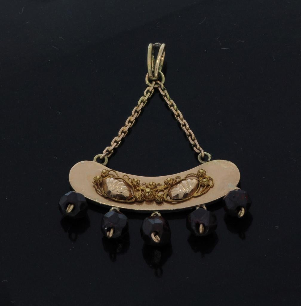 Granaat antieke 14k gouden ketting hanger zeeland filigrain, Verzenden, Goud, Hanger, Met edelsteen