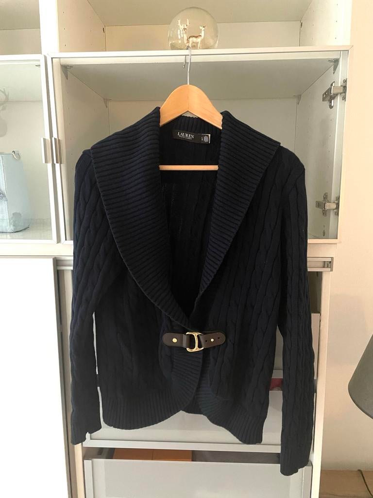 Ralph Lauren Lauren marineblauwe kabelgebreide cardigan, Verzenden, Zo goed als nieuw, Maat 42/44 (L), Blauw