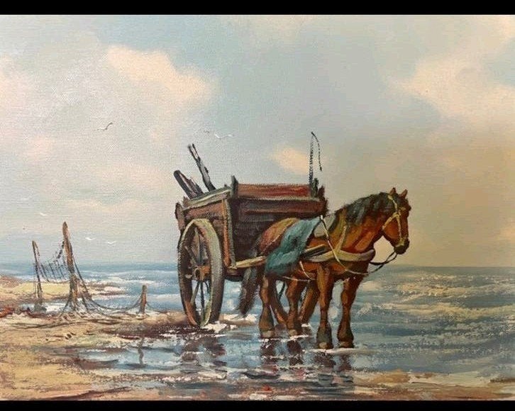 Schilderij T. Harmsen: Schelpenvisser met paard en kar, Antiek en Kunst, Ophalen