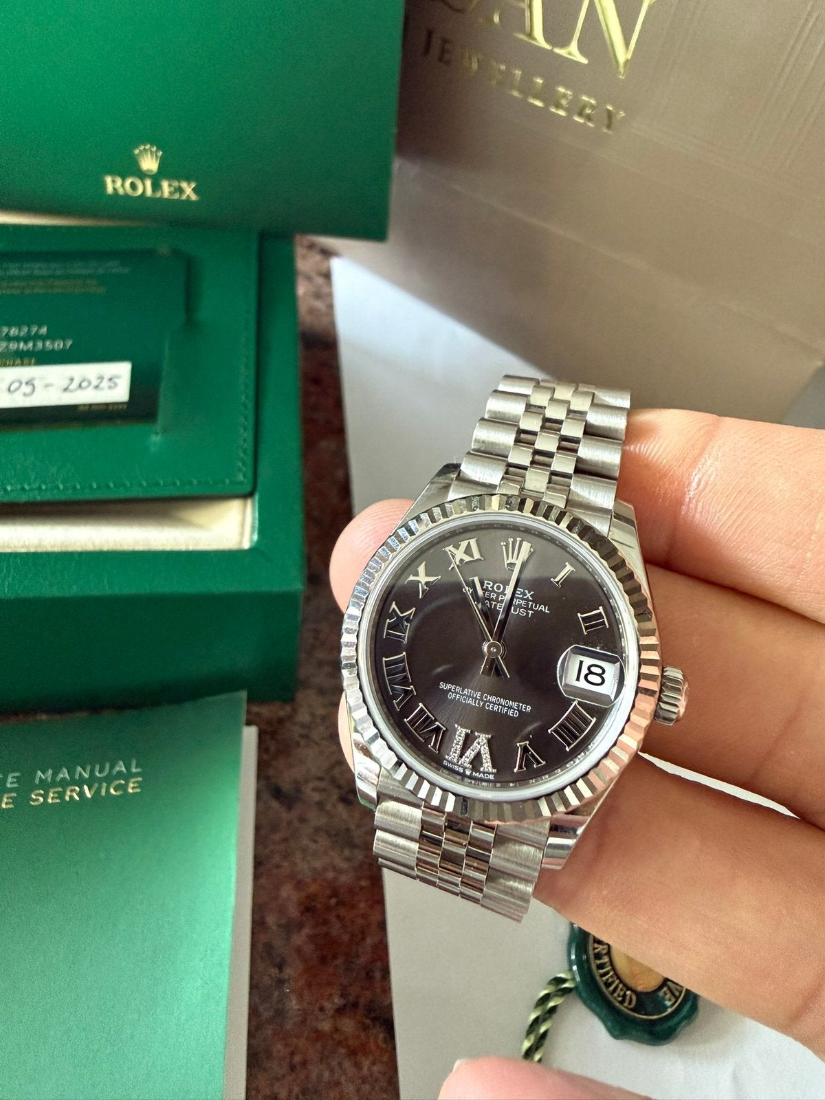 Rolex datejust 31mm Darkgrey Roman 2025 ref: 278274 Fullset, Ophalen, Zo goed als nieuw, Staal, Rolex