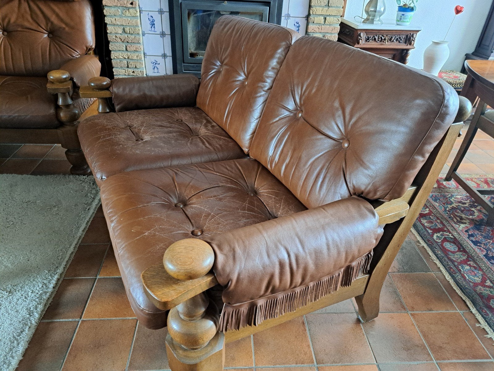 Seventies vintage lederen bank met 2 fauteuils., Ophalen, Gebruikt, 150 tot 200 cm, Tweepersoons