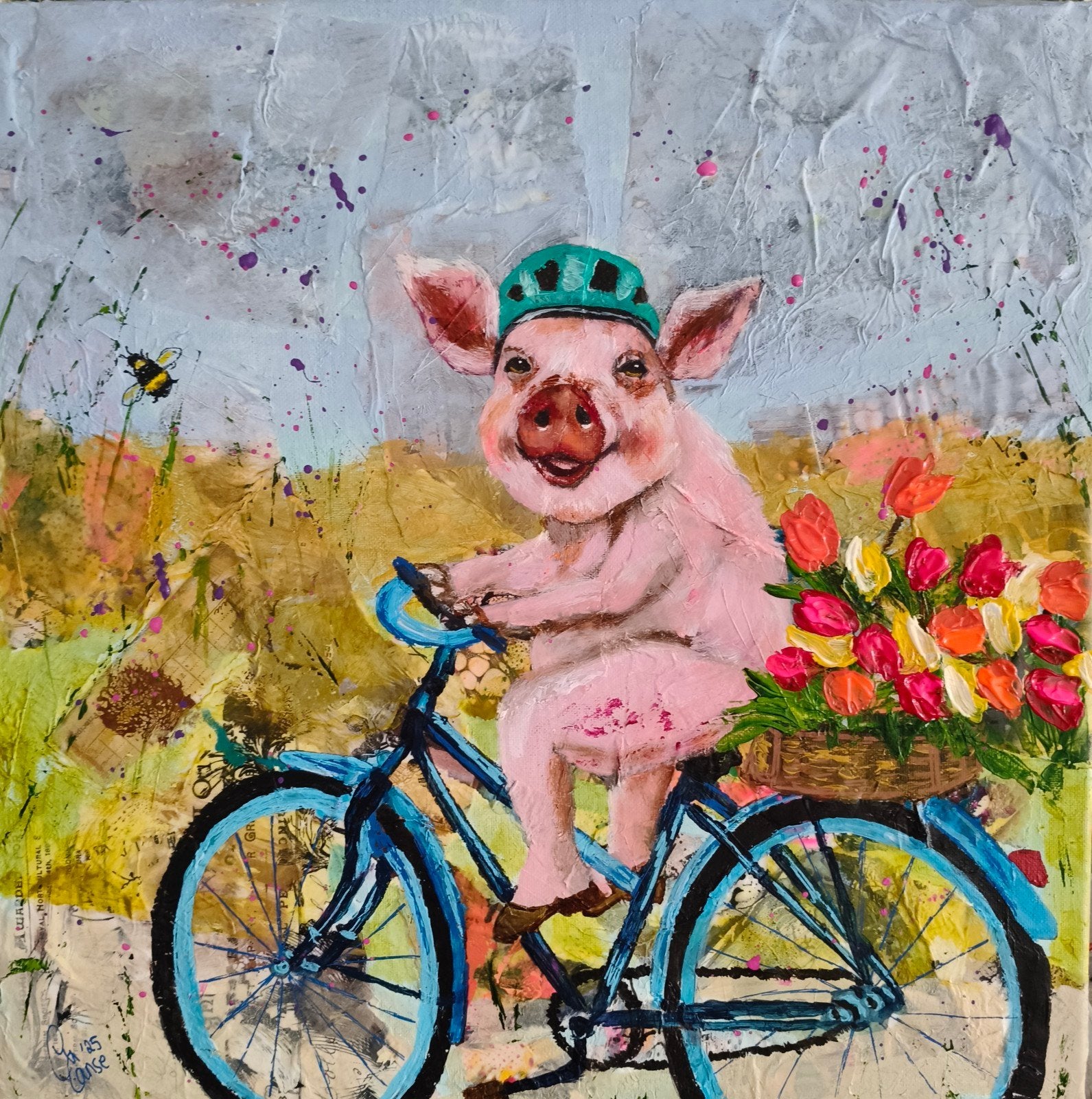 schilderij varken op fiets, Ophalen of Verzenden