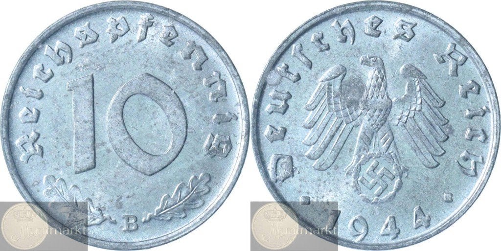 Duitsland - Derde Rijk 10 Reichspfennig 1944 B 'WWII', Postzegels en Munten, Ophalen of Verzenden, Duitsland, Losse munt
