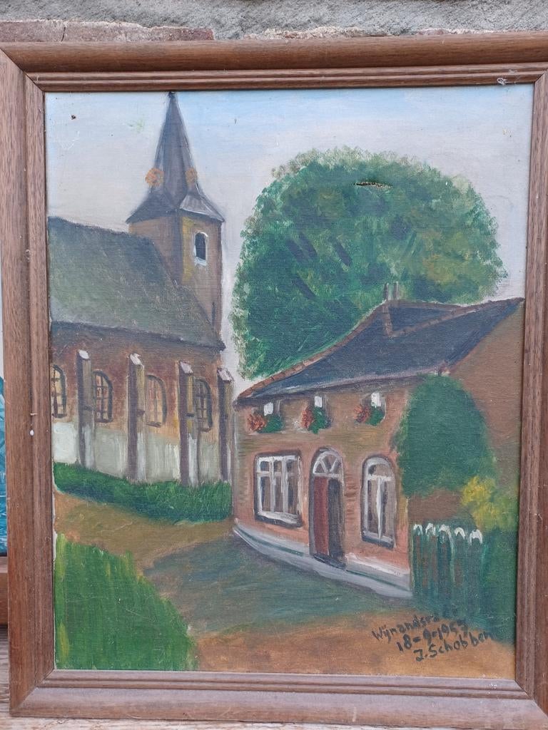 Oud schilderij van kerk en huis, gesigneerd J. Schobben, Ophalen