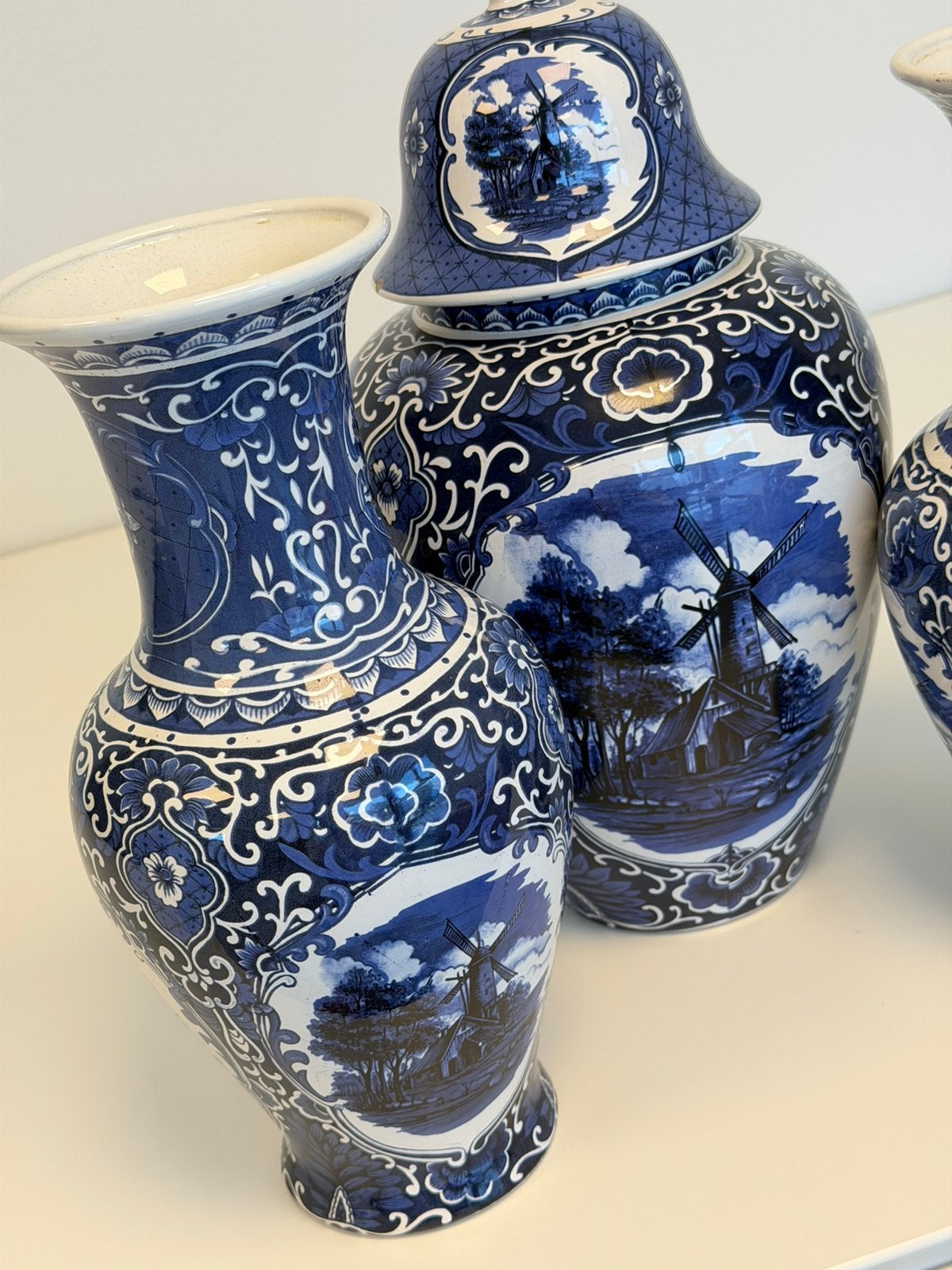Delfts delft Blauw 3-delig Kaststel Molens Vazen Dekselpot, Ophalen of Verzenden