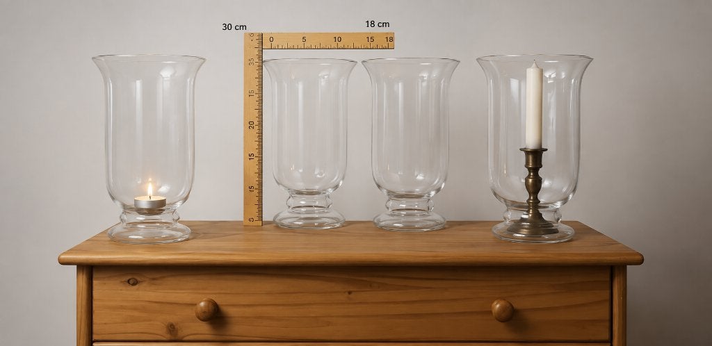 4 glazen vazen / windlichten op voet., Ophalen, Op voet, Transparant, 30 cm