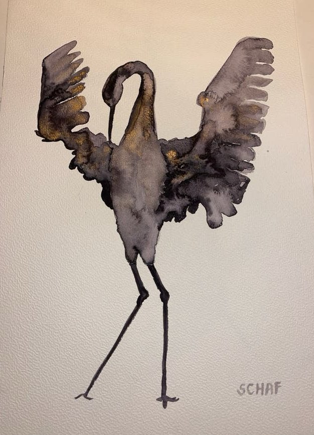 Abstracte Kraanvogel Aquarel - Origineel Kunstwerk, Ophalen of Verzenden