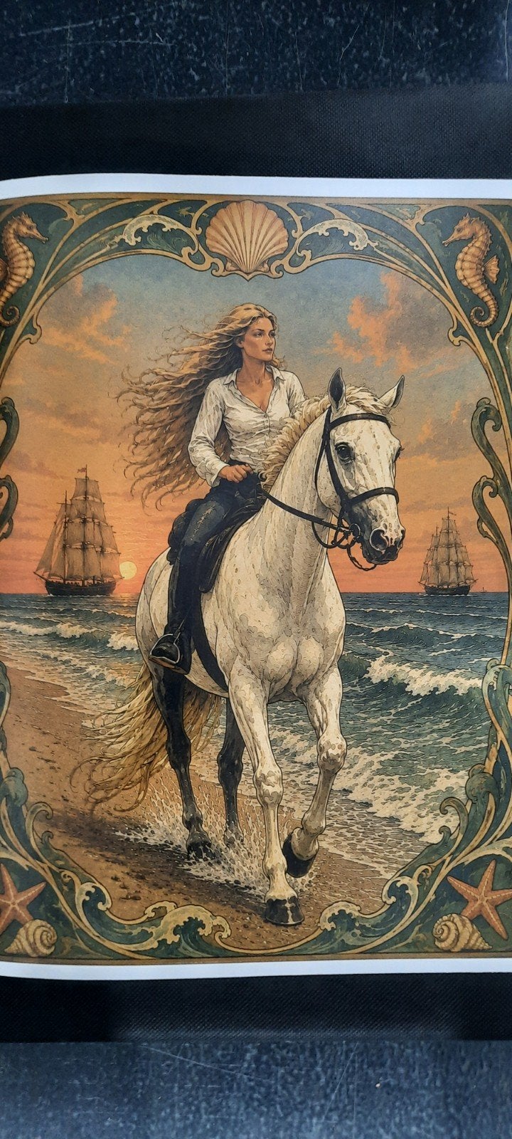Poster 30x40cm Vrouw op Paard aan Zee, Rechthoekig Staand, Verzenden, Zo goed als nieuw, A1 t/m A3