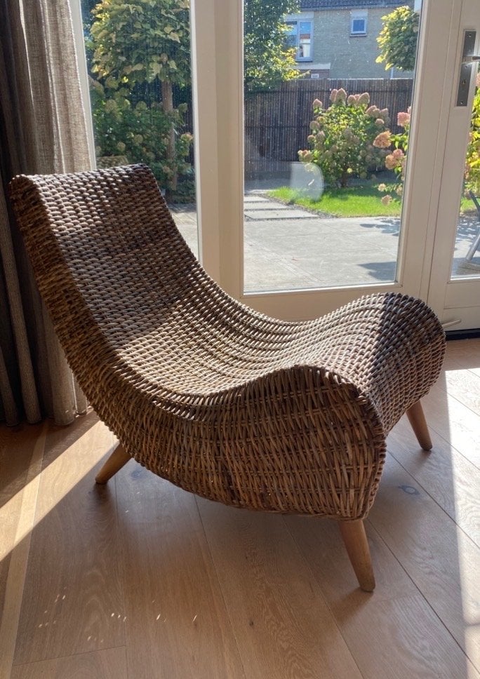 Rotan loungestoel, rieten fauteuil, relaxstoel, Huis en Inrichting, Ophalen, Bruin, Riet of Rotan, Zo goed als nieuw