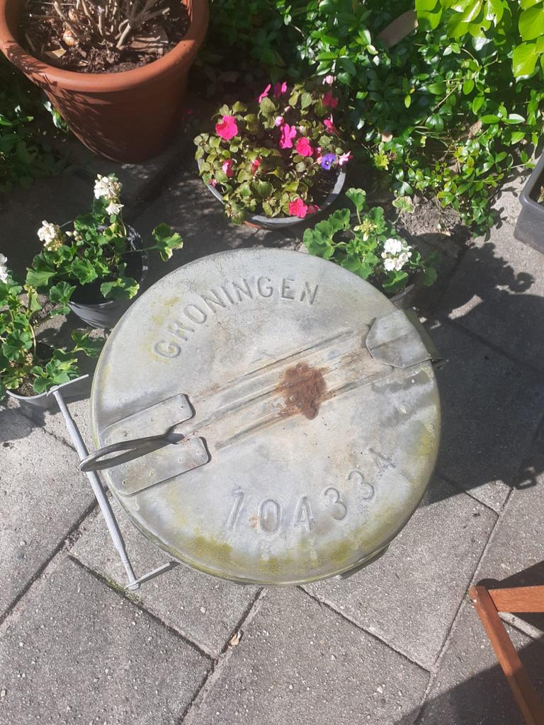 Vintage  afvalemmer van zink met opschrift 'Groningen', Tuin en Terras, Bloembakken en Plantenbakken, Ophalen, Overige materialen