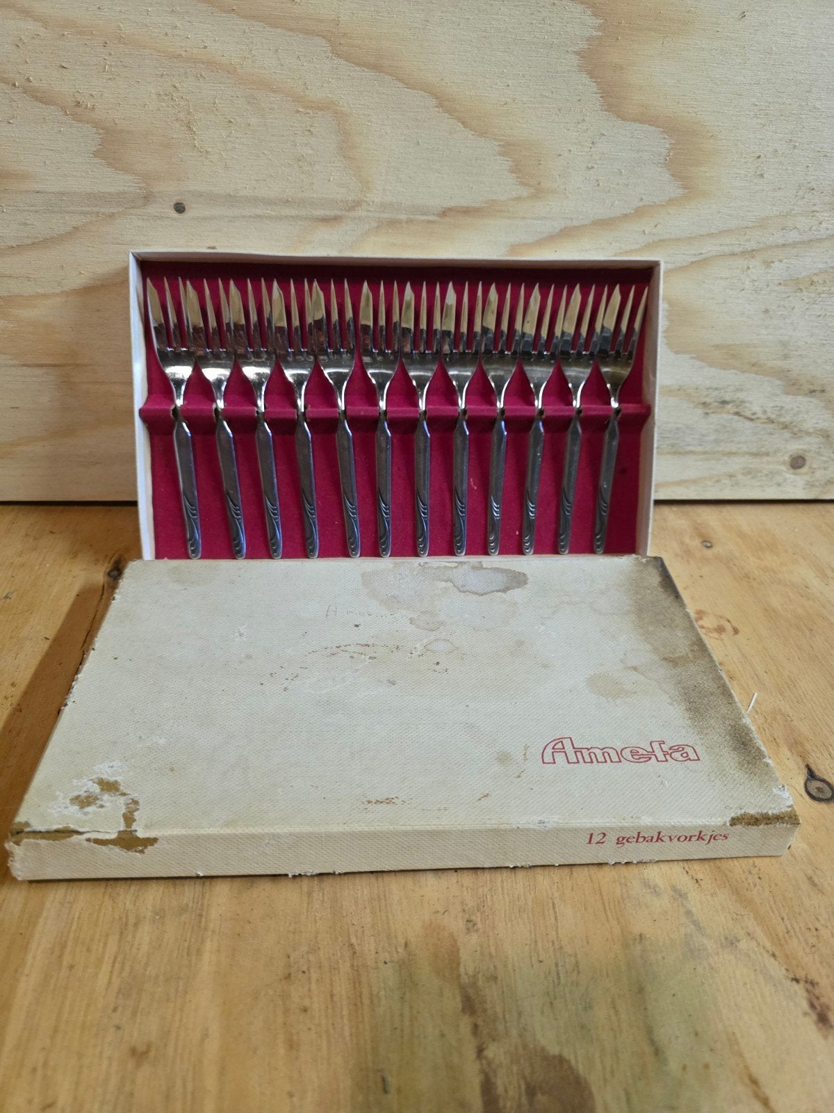 Vintage Amefa gebaksvorkjes jaren 50/60 in originele doos, Ophalen of Verzenden