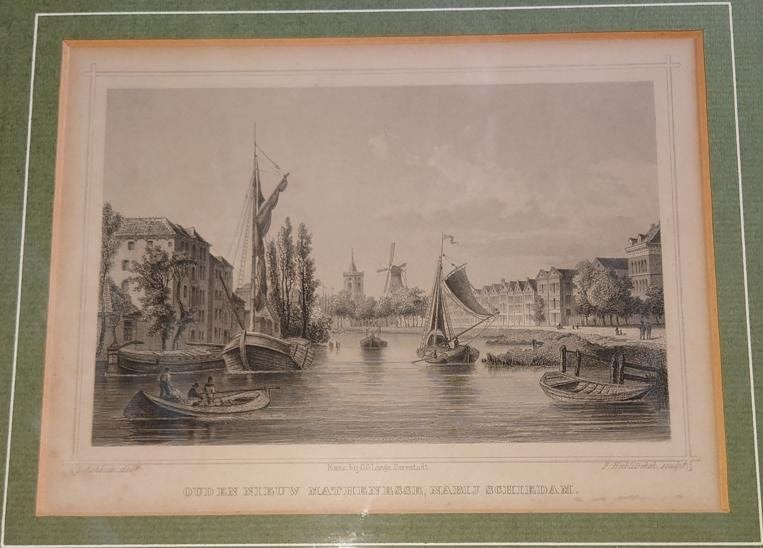 Gravure Mathenesse nabij Schiedam - 1853, Antiek en Kunst, Ophalen of Verzenden, Stadsgezicht, Gravure, 1800 - 1899
