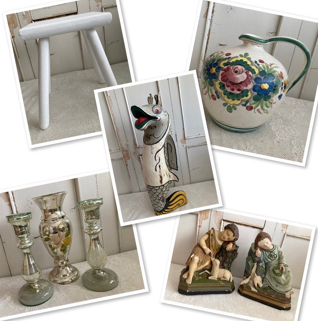 Brocante witte melkkruk - vaas - houten vis - kandelaars, Ophalen of Verzenden