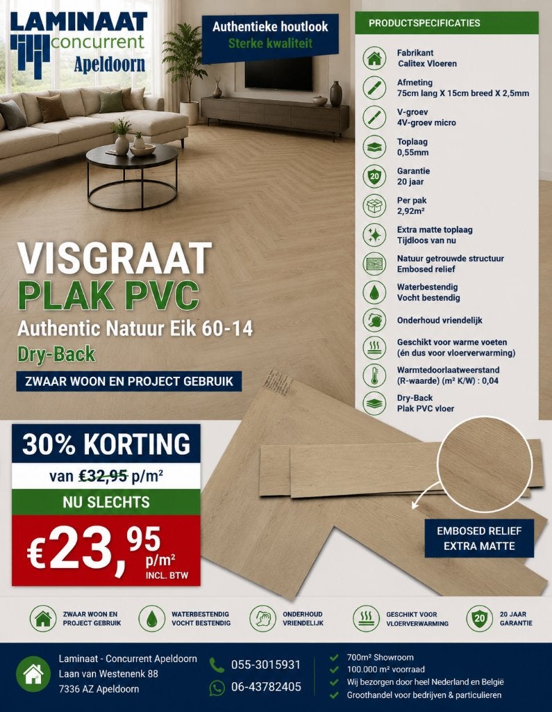 Visgraat Plak Pvc Natuur Eik 60-14 Toplaag 0,55 €23,95m2, 75 m² of meer, Beige, Nieuw, Ophalen of Verzenden