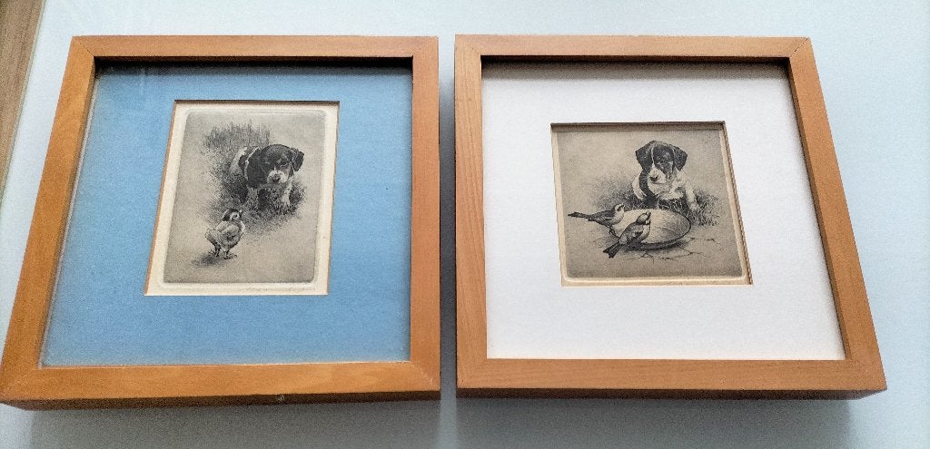 2 etsen met een puppy's 1970 Maarten Langbroek, 25 cm, Flora en Fauna, 25 cm, 1950 - 1999