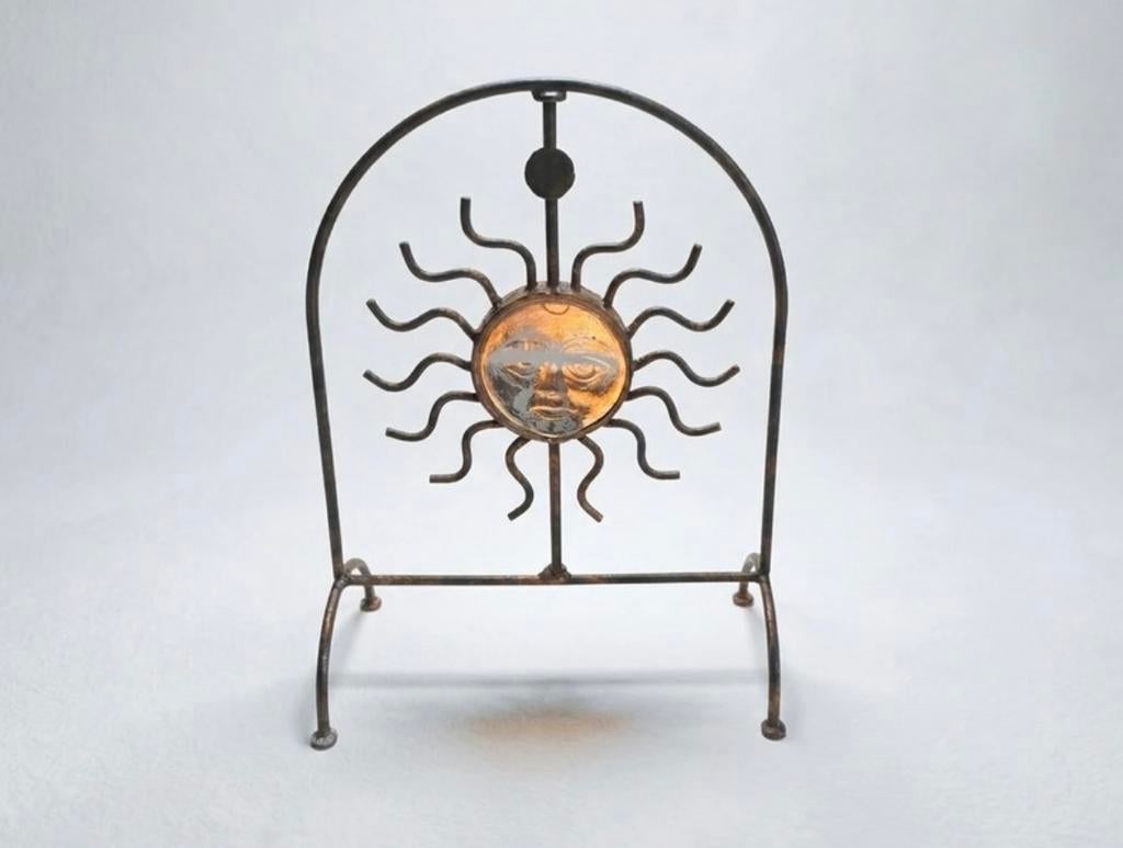 Vintage metalen kandelaar met draaibare glazen zon, Ophalen of Verzenden