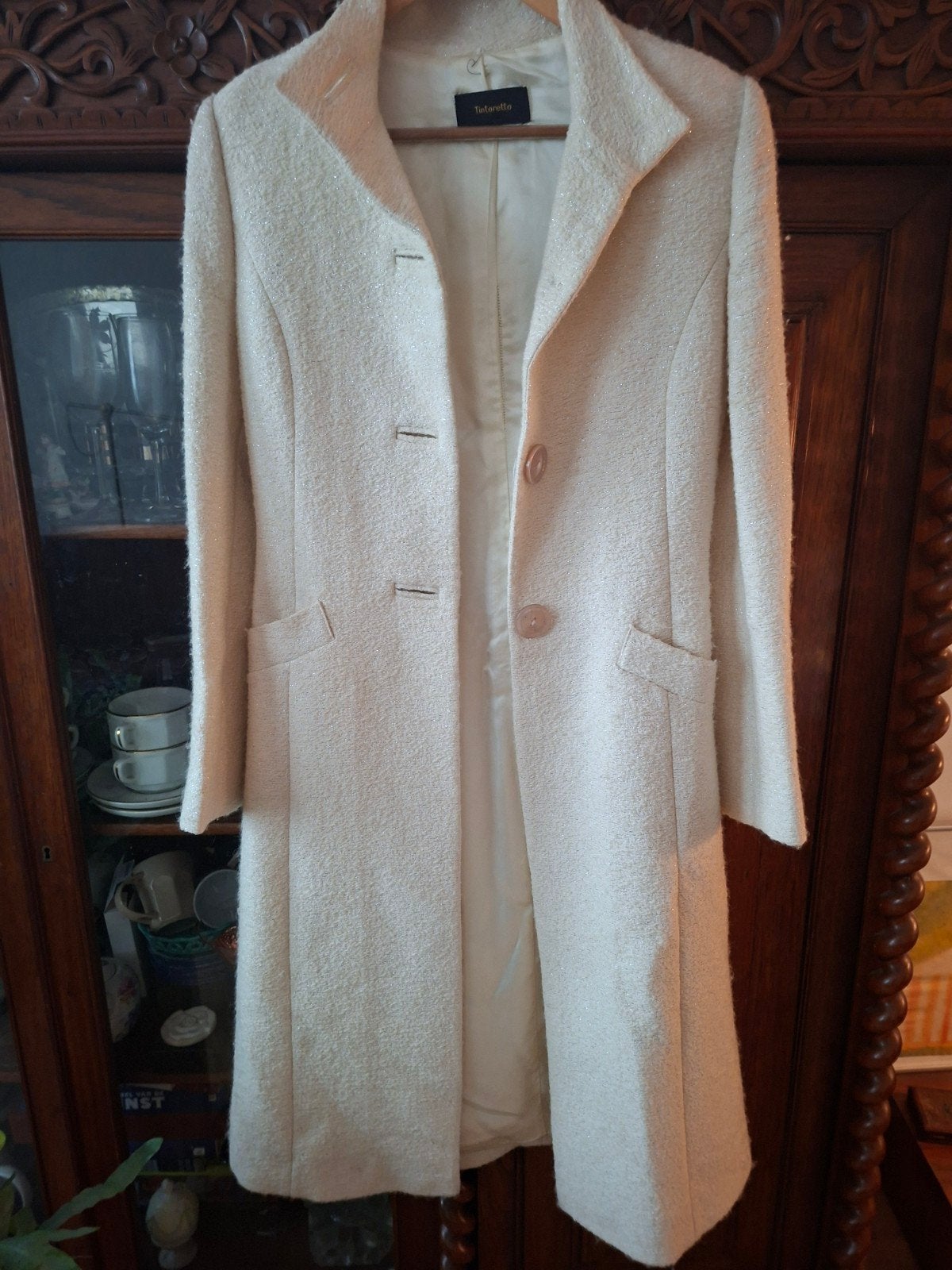 Tintoretto Crèmekleurige Lange Jas met Glitters, Maat 38/40 (M), Beige, Ophalen of Verzenden, Zo goed als nieuw