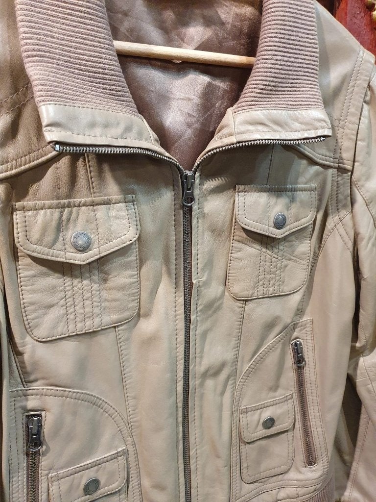 Lederen beige Dames Jas, echt leer - Maat 40, Beige, Djt@dejuistetoon.eu, Ophalen of Verzenden, Zo goed als nieuw