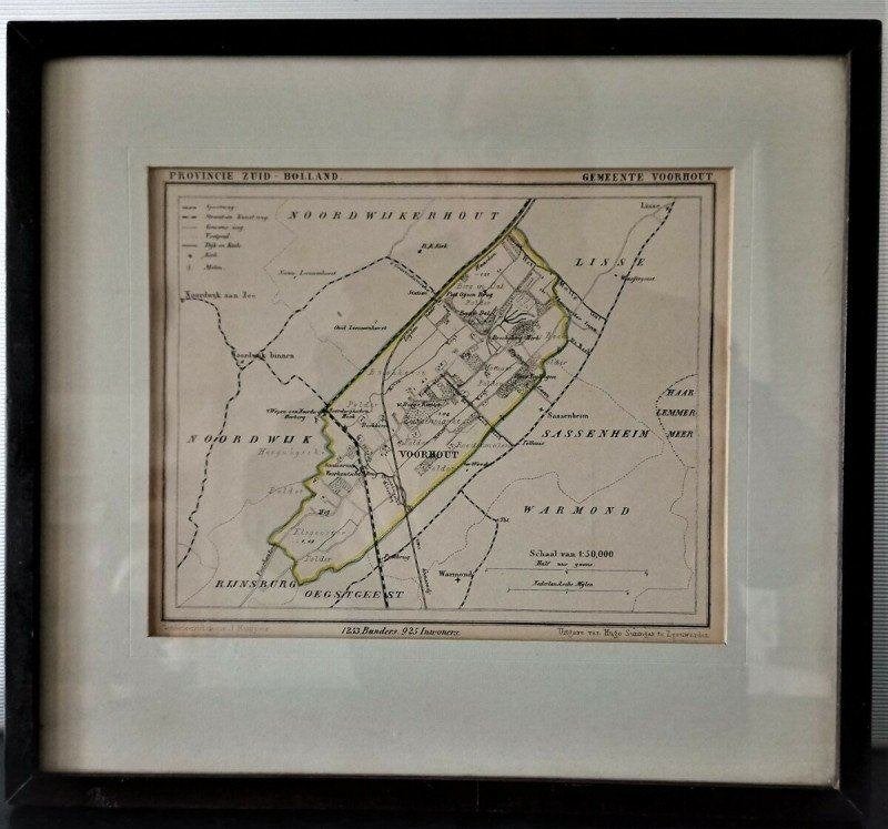 LITHO VOORHOUT UIT DE GEMEENTE ATLAS 1865 - 1869 INGELIJST, Antiek en Kunst, Kunst | Litho's en Zeefdrukken, Ingelijst, Ophalen of Verzenden