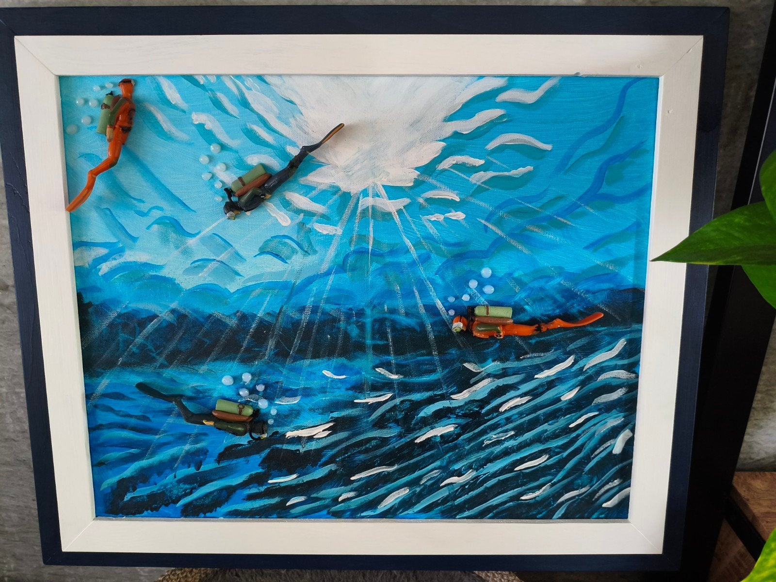 Uniek 3D Schilderij: Duikers onder Water - 60x50cm met Lijst, Antiek en Kunst, Kunst | Schilderijen | Klassiek, Ophalen