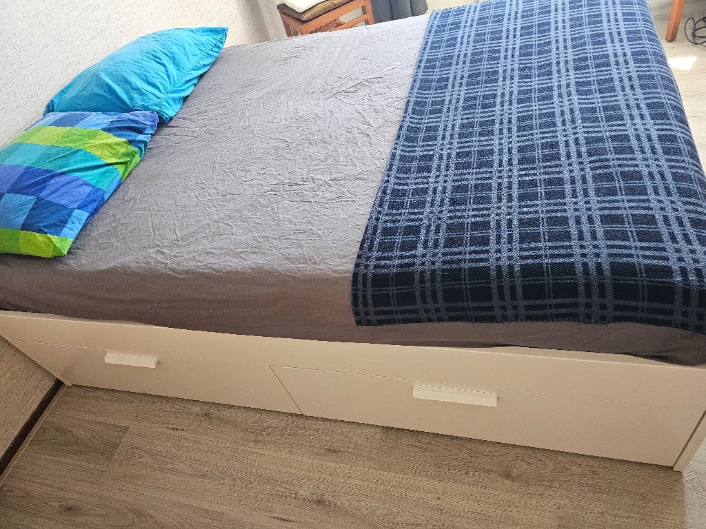 Brimnes bedframe met 4 laden zonder matras, Ophalen, Gebruikt, Wit, Tweepersoons