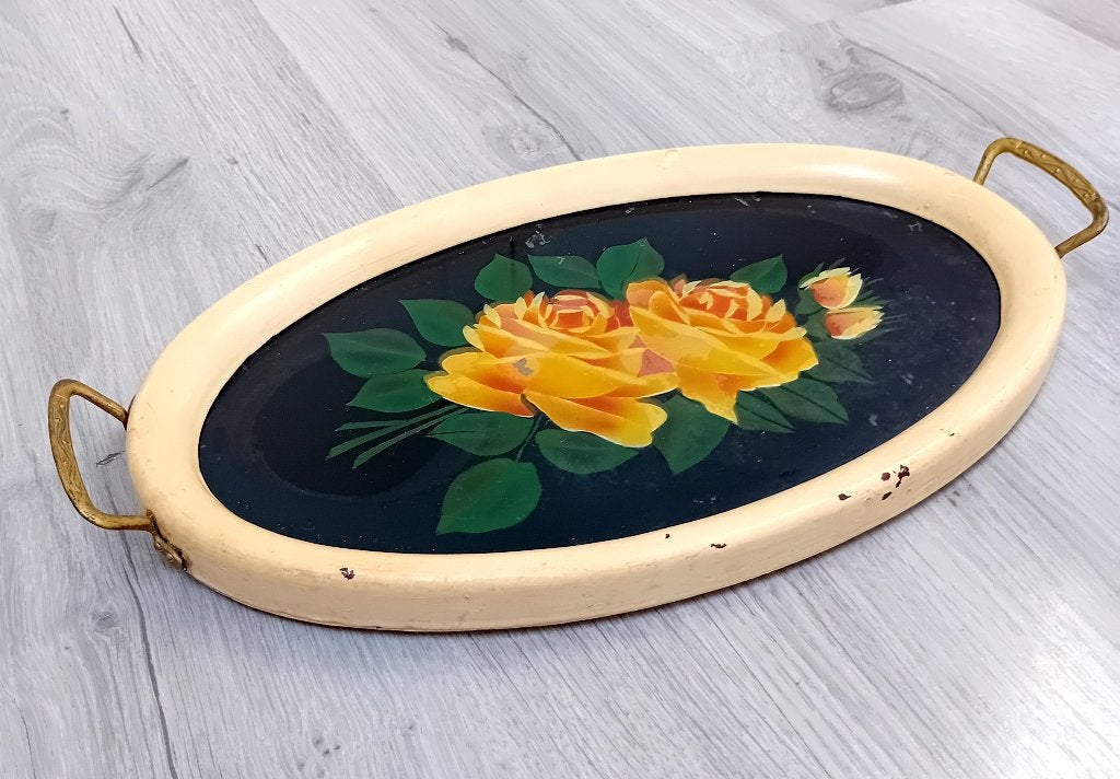 Vintage dienblad met bloemen, Verzenden, Rechthoekig, Hout