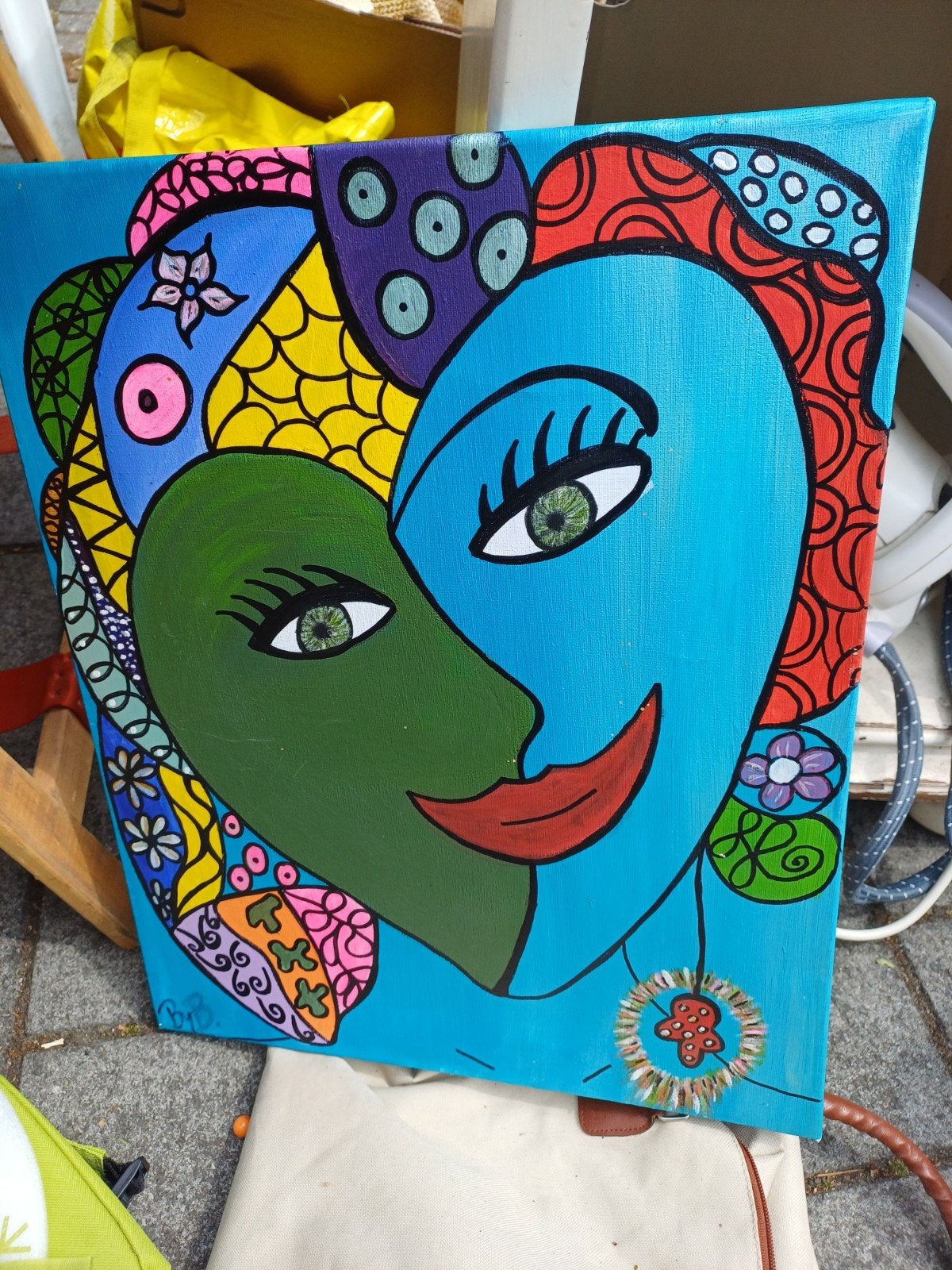 Kleurrijk abstract gezicht schilderij op doek, Antiek en Kunst, Ophalen of Verzenden