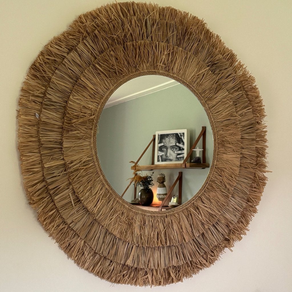 Grote Raffia Spiegel 80 cm – Handgemaakt Bali | Boho, Ophalen, Rond, Nieuw, 75 tot 100 cm
