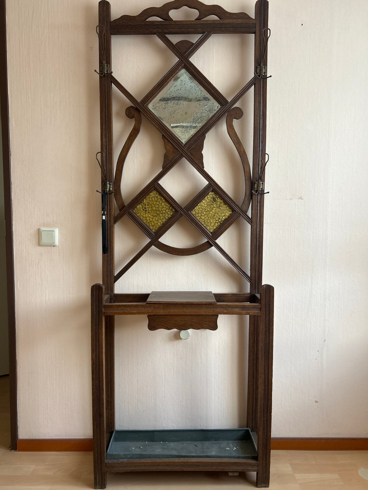 Antieke houten kapstok met spiegel en paraplubak, Antiek en Kunst, Ophalen