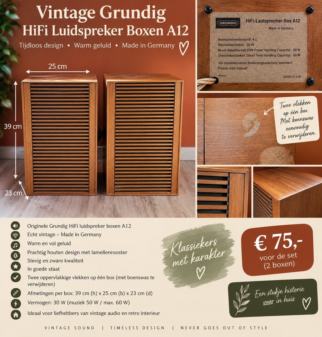 Vintage Grundig HiFi Luidspreker Boxen A12 - Klassiekers, Overige merken, Stereo speakers, Gebruikt, Ophalen of Verzenden