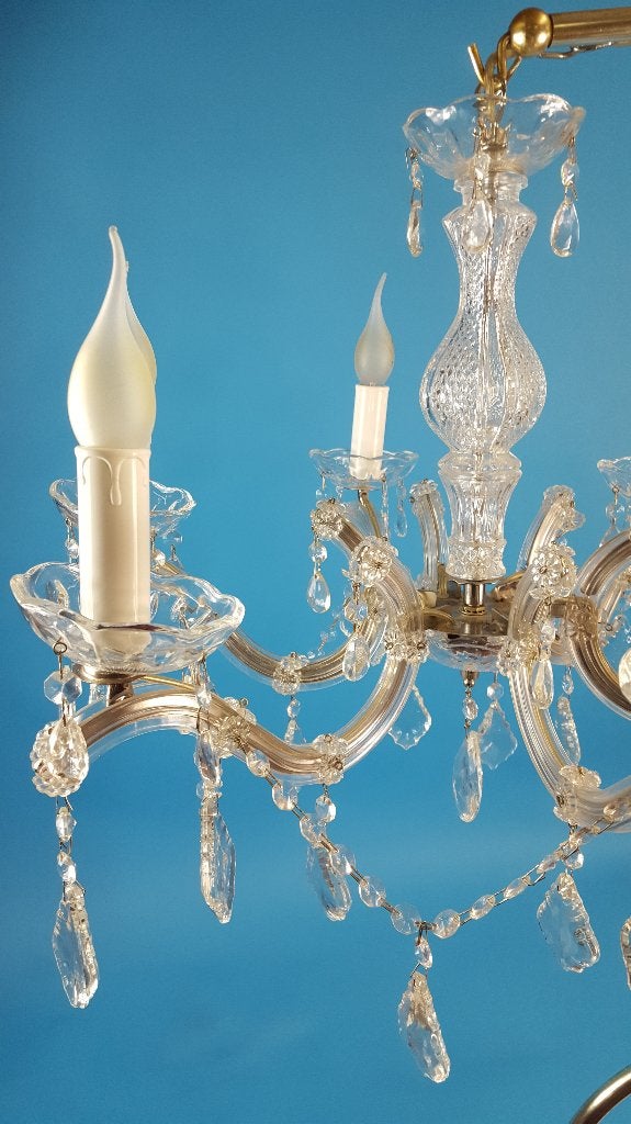 Brocante kroonluchter, glas, kristal, Massive, 6 kaarsen. S4, Tweedehands verkoop, Tweedehands verkoop, Gebruikt, Ophalen of Verzenden