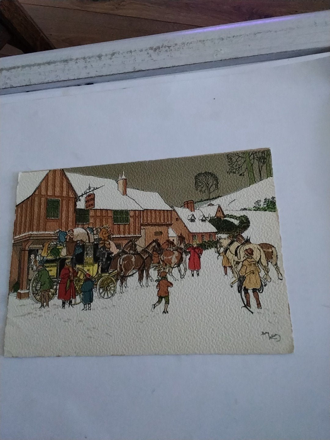 : Wintertafereel met Koets en Herberg. Harry Eliott, Ophalen of Verzenden
