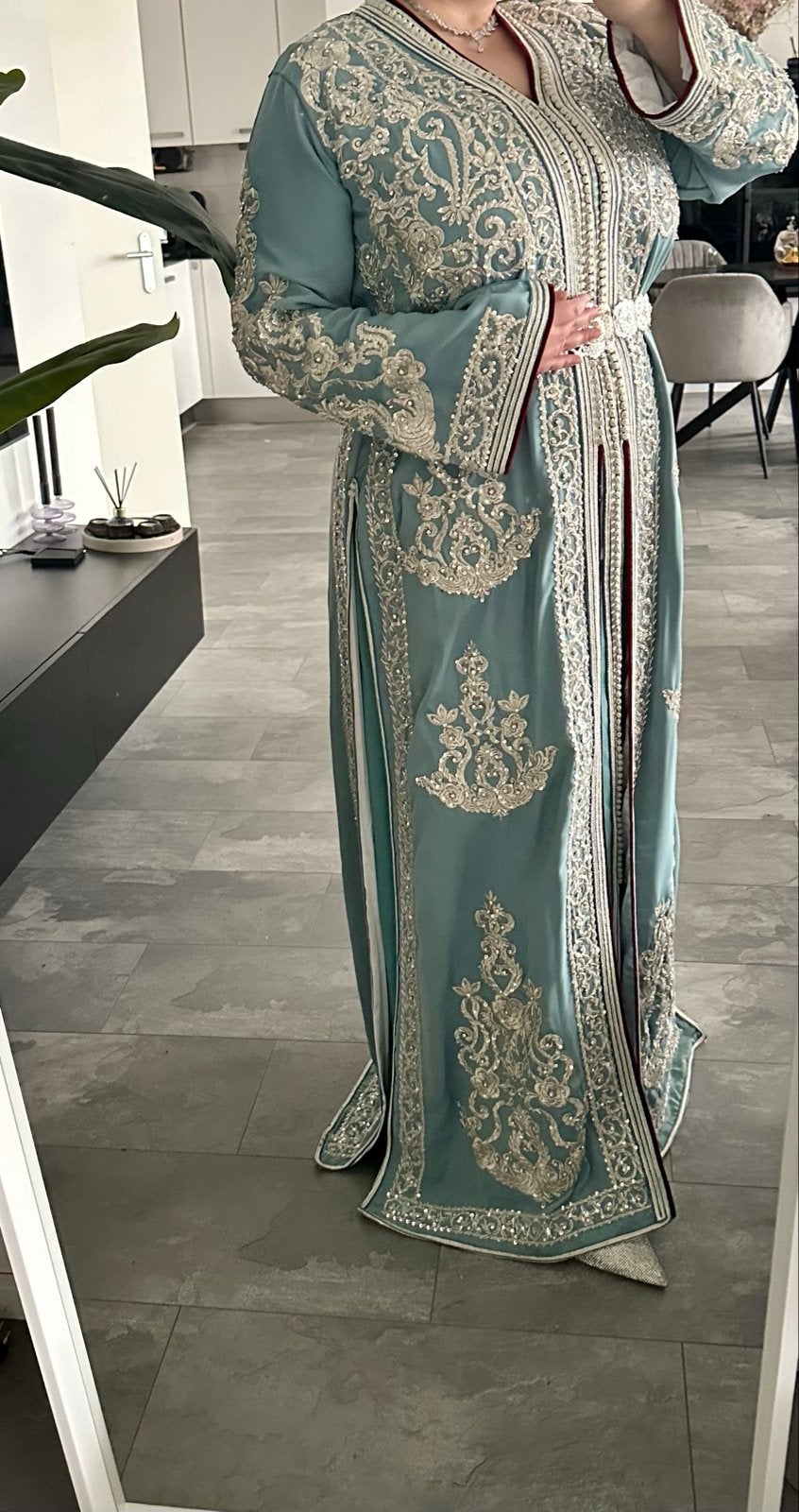 Marokkaanse Takchita Blauw/Groen met Zilveren Details, Meerkleurig, Maat 42/44 (L), Ophalen of Verzenden, Zo goed als nieuw