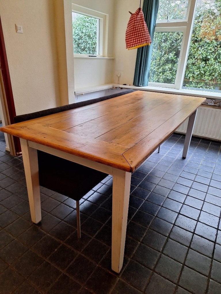 Robuuste houten eettafel met lades, Huis en Inrichting, Tafels | Eettafels, Ophalen, Gebruikt, 200 cm of meer, 50 tot 100 cm