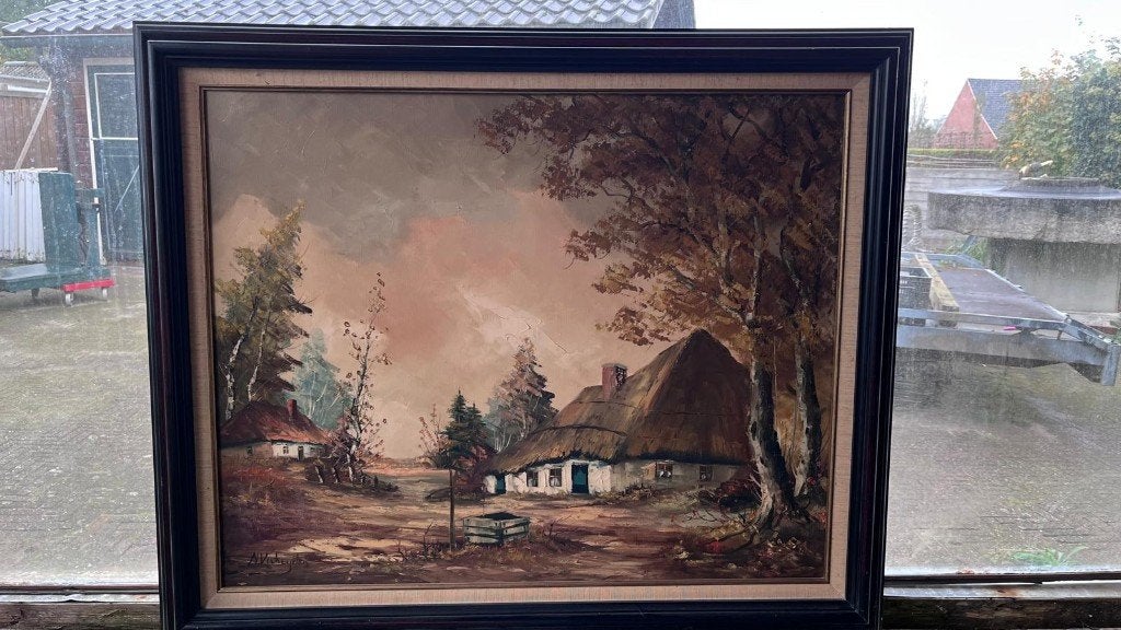 Landschapsschilderij met oude boerderij en bos 80x100, Antiek en Kunst, Ophalen, Ingelijst, Landschap