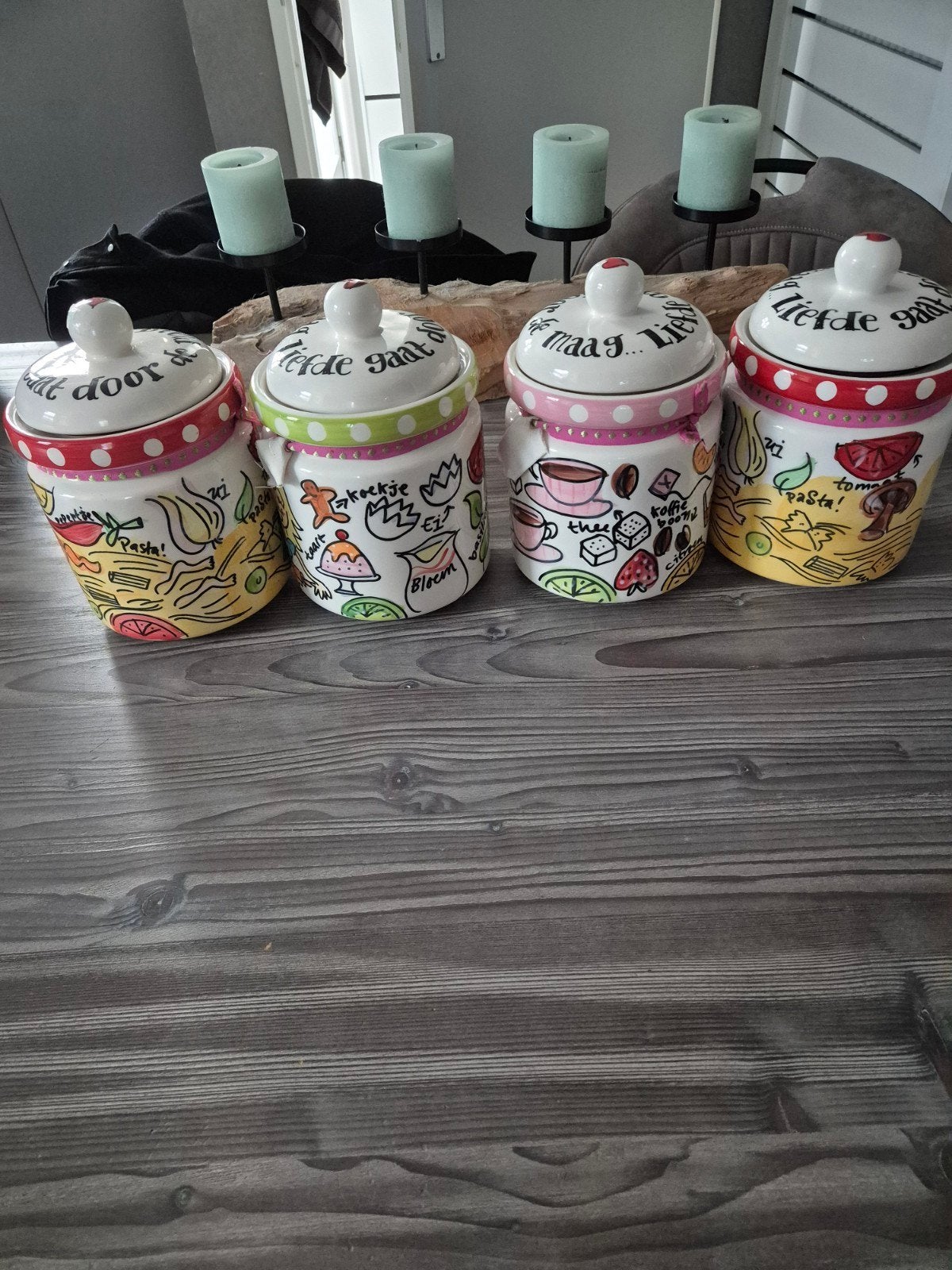 Set van 4 vrolijke voorraadpotten met deksel, Ophalen, Gebruikt, Voorraadpot, Steen/keramiek