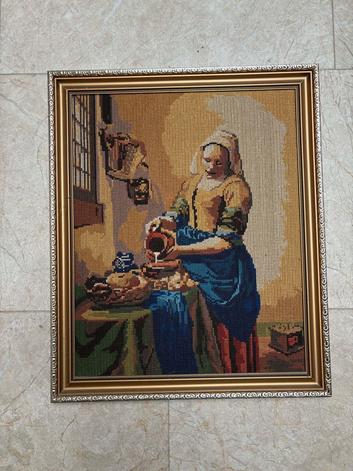 Geborduurd schilderij 'Het Melkmeisje' met lijst, 50 – 75, Ophalen of Verzenden, Zo goed als nieuw, Schilderij