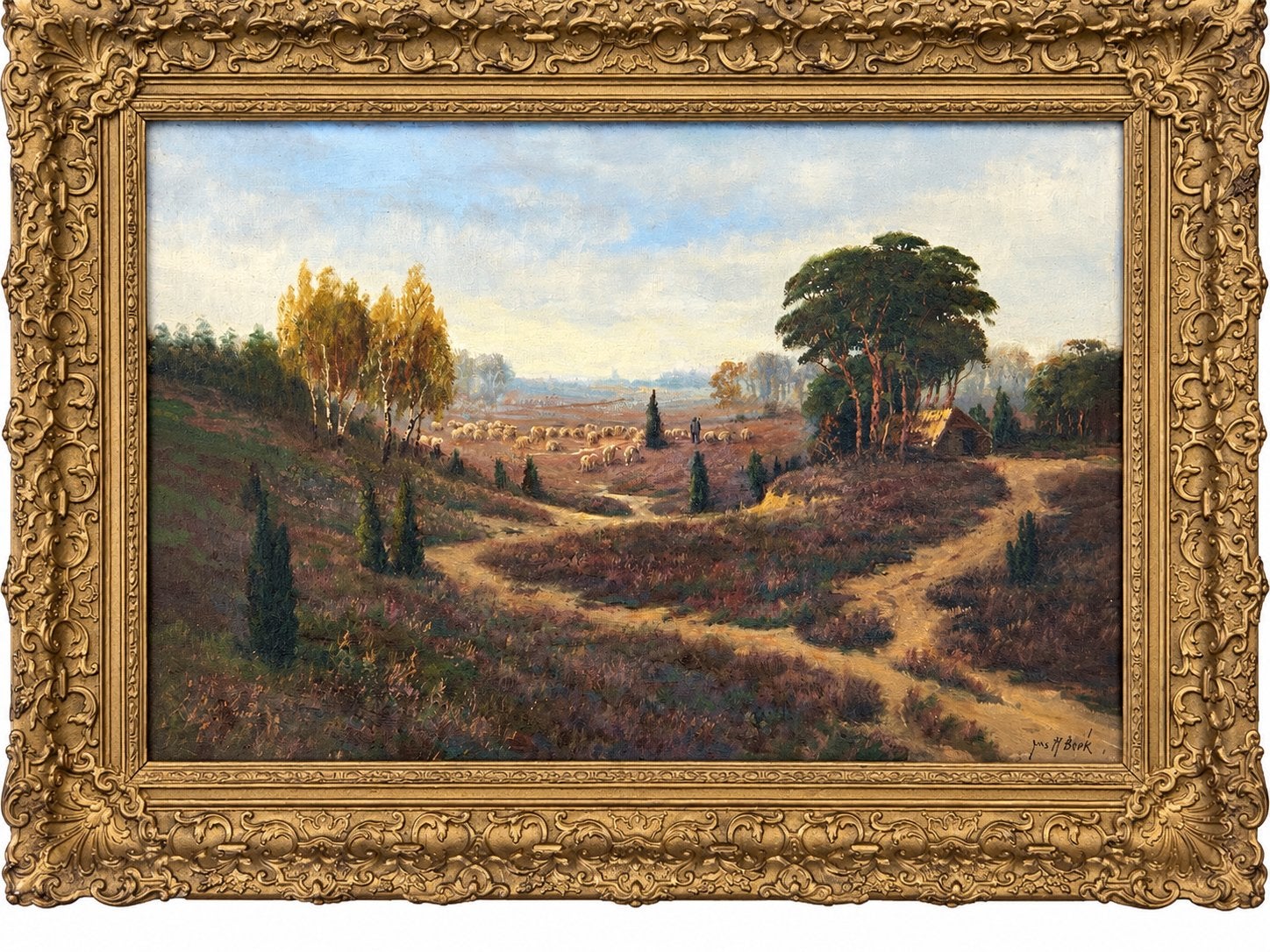 Jan M. Bork - Herfstlandschap met schapen en herder, Doek, Realistisch, Ophalen of Verzenden, Gesigneerd