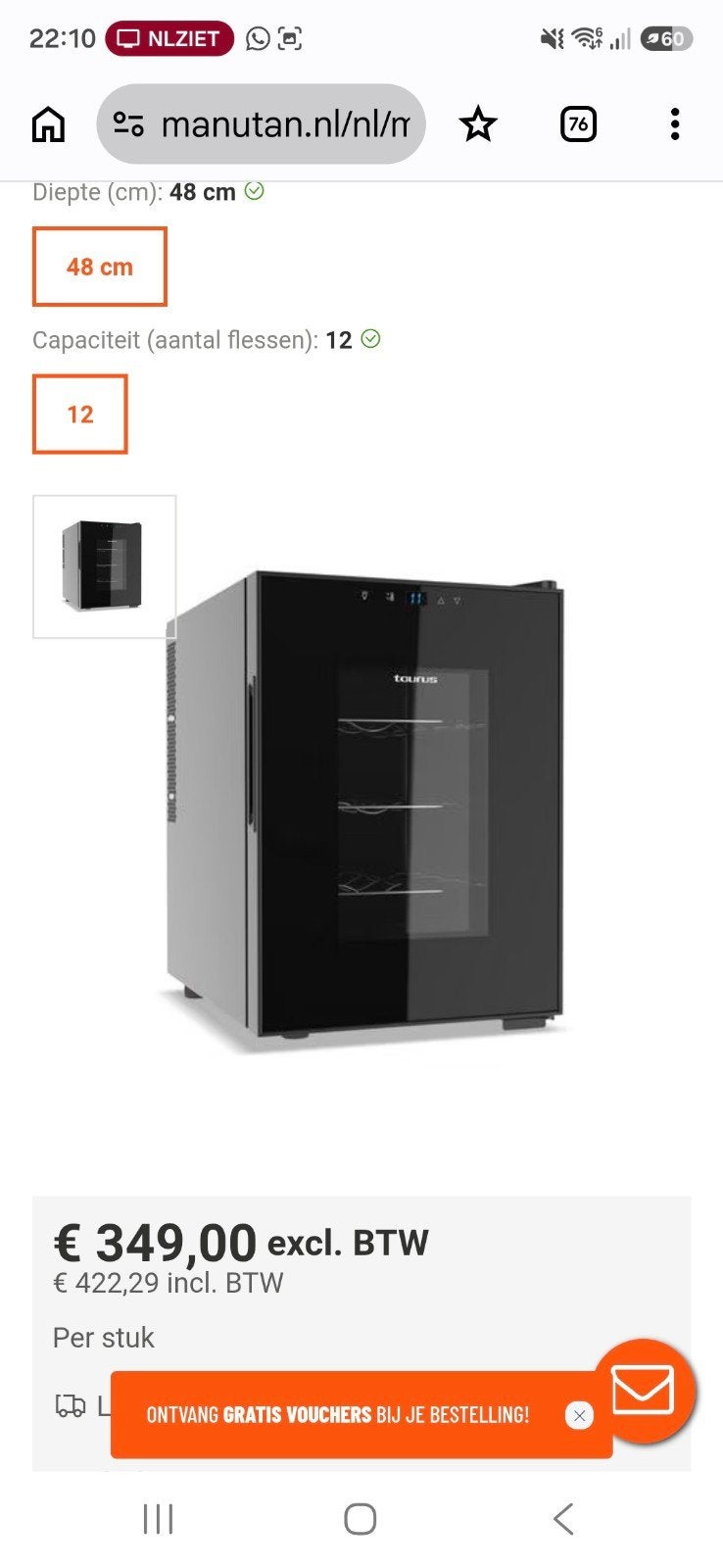 Taurus Chanson 12 Thermo-elektrische wijnkoeler 12 flessen, Huis en Inrichting, Ophalen of Verzenden