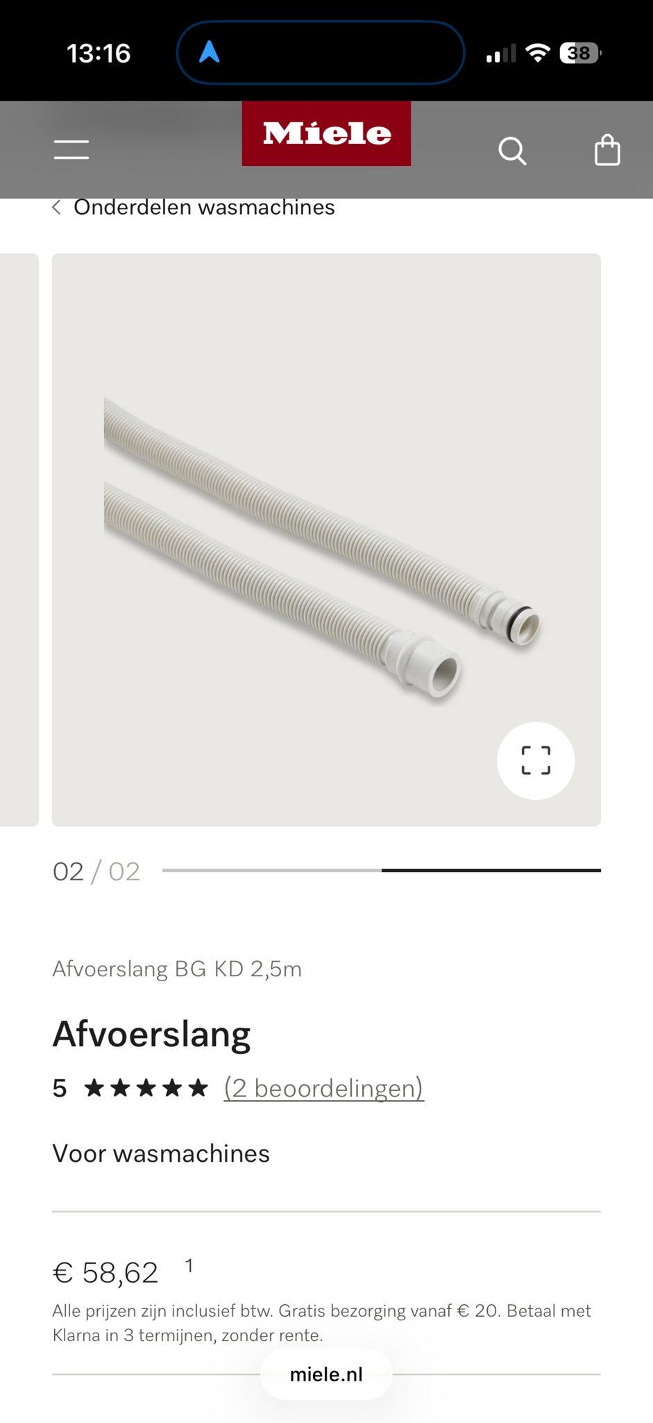 Nieuwe Miele afvoerslang BG KD 2,5 mtr - art. 9776981, Ophalen of Verzenden, Nieuw