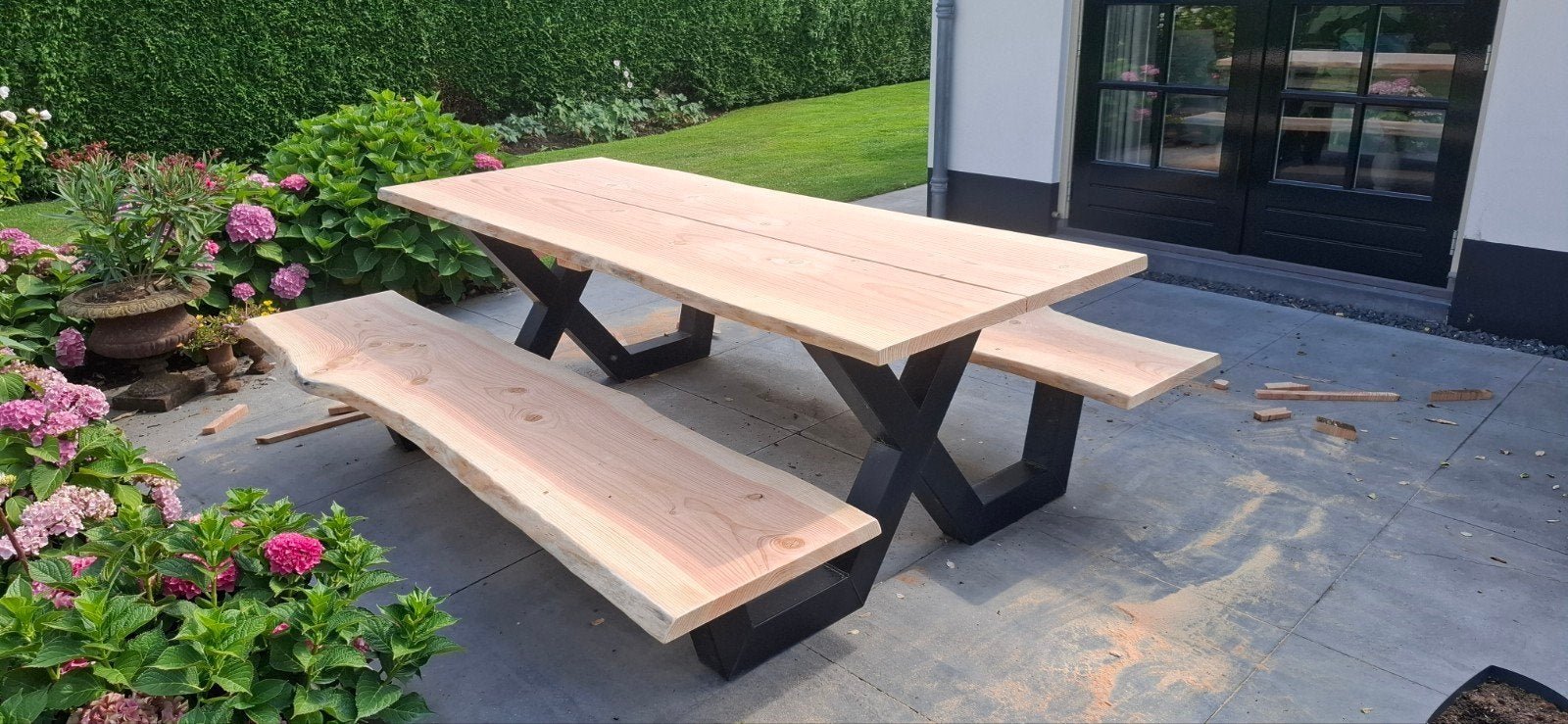Douglas/Eikenhout Picknicktafel met Stalen Onderstel, Ophalen, Nieuw, Rechthoekig, Hout