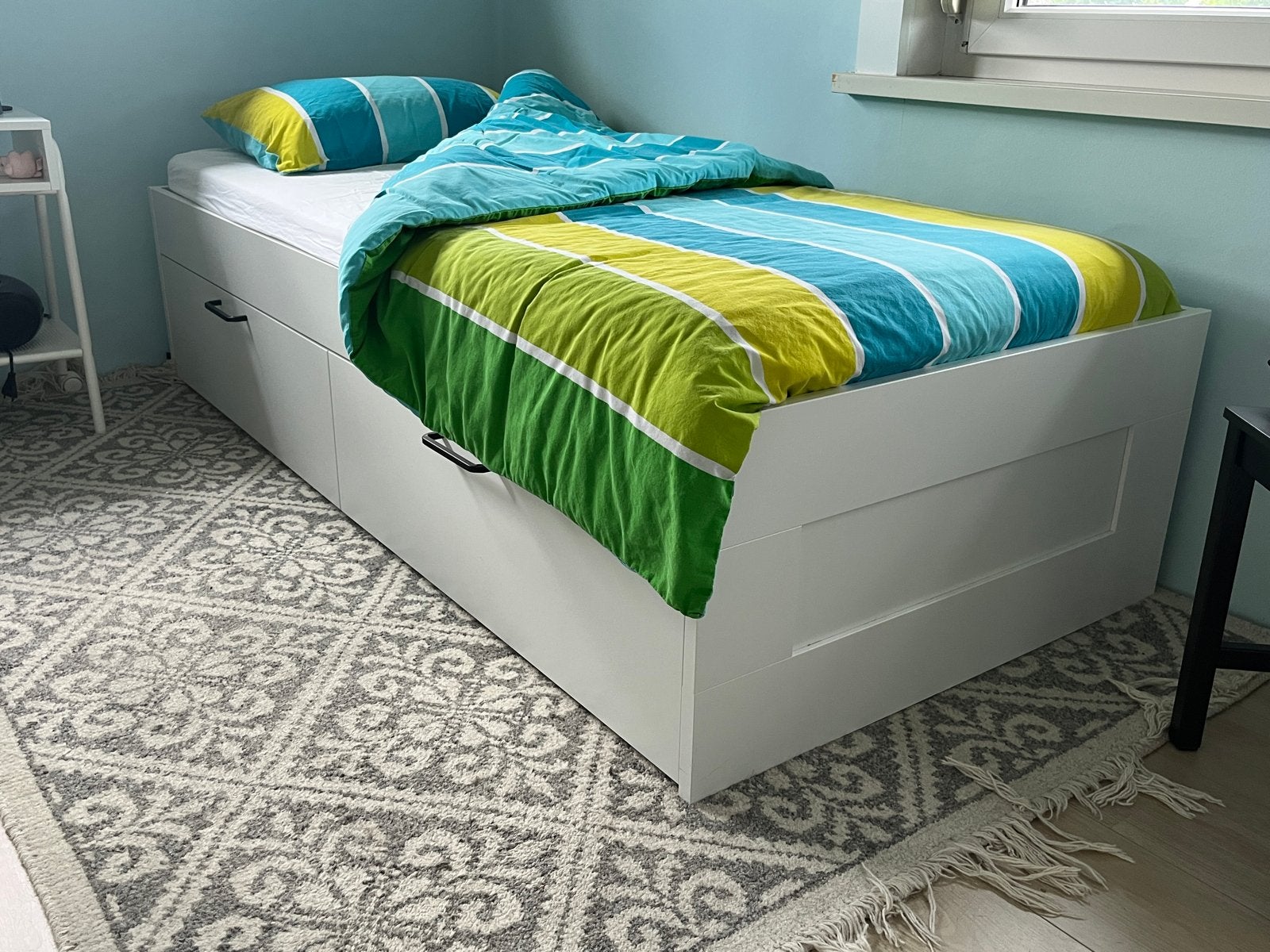 IKEA Brimnes eenpersoonsbed met lades en lattenbodem, Ophalen, 90 cm, Eenpersoons, Wit
