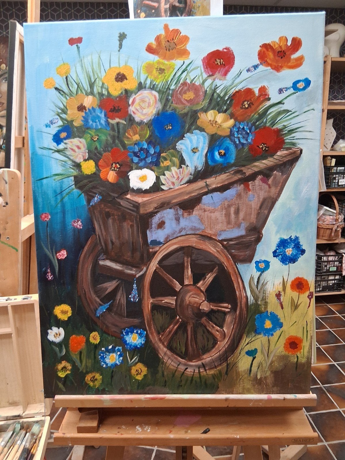 Houten kar met verschillende kleuren Bloemen., Antiek en Kunst, Kunst | Schilderijen | Klassiek, Ophalen, Acrylverf