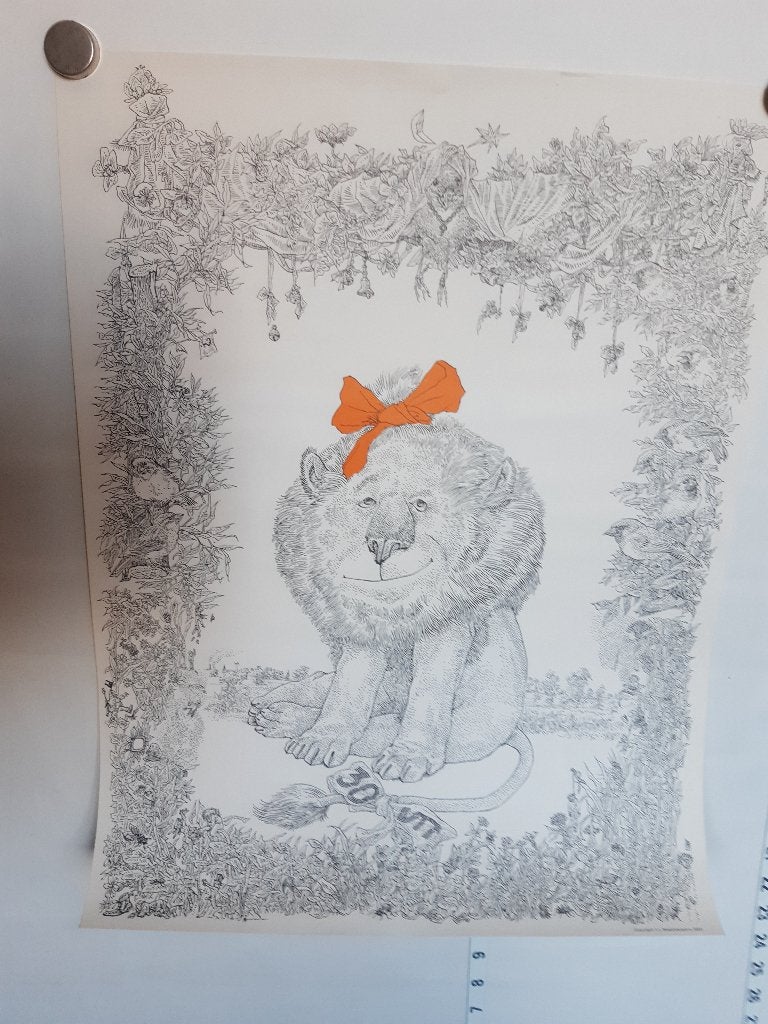 Originele Poster 30 jaar VN Leeuw met oranje strik Peter Vos, Verzenden, A1 t/m A3, Reclame, Rechthoekig Staand