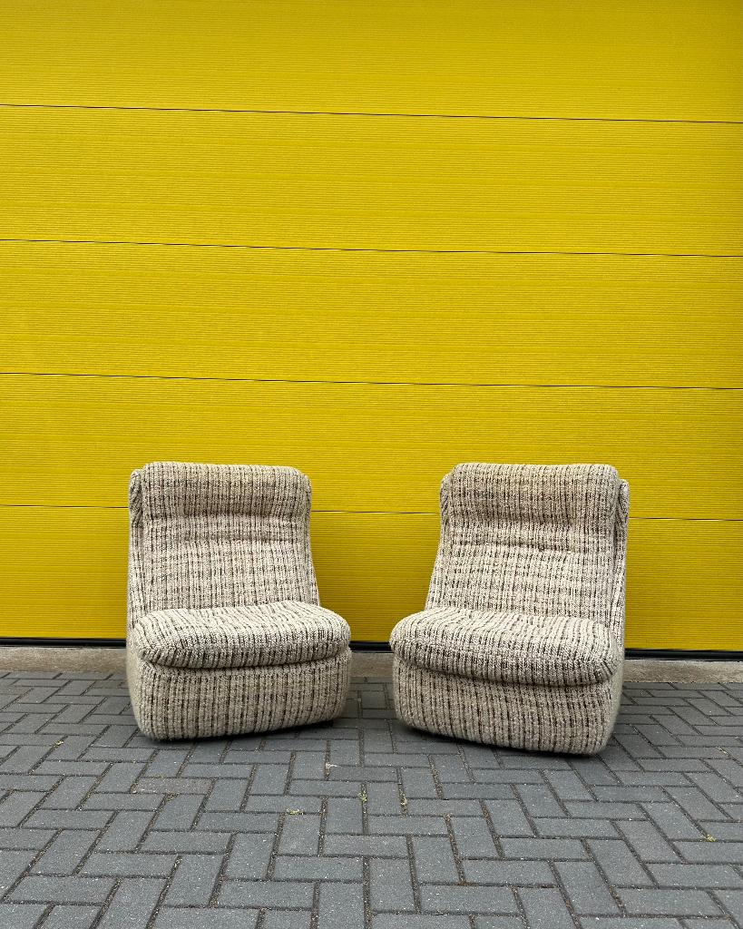 Vintage set lounge fauteuils - Gewoven creme/ beige/ bruin, Ophalen, Gebruikt, 75 tot 100 cm, 50 tot 75 cm