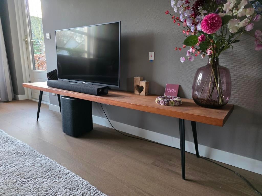 T.v meubel op pootjes. Eikenhout blad., Ophalen, Eikenhout, Zo goed als nieuw, 200 cm of meer