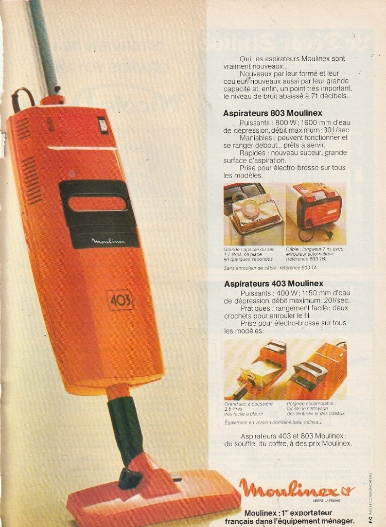 Retro reclame 1977 Moulinex oranje stofzuiger 803 & 403, Verzamelen, Verzenden, Overige typen