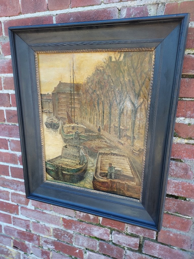 Schilderij stadsgracht met aangemeerde schepen., Paneel, Nederlandse school, Origineel werk, Ophalen of Verzenden
